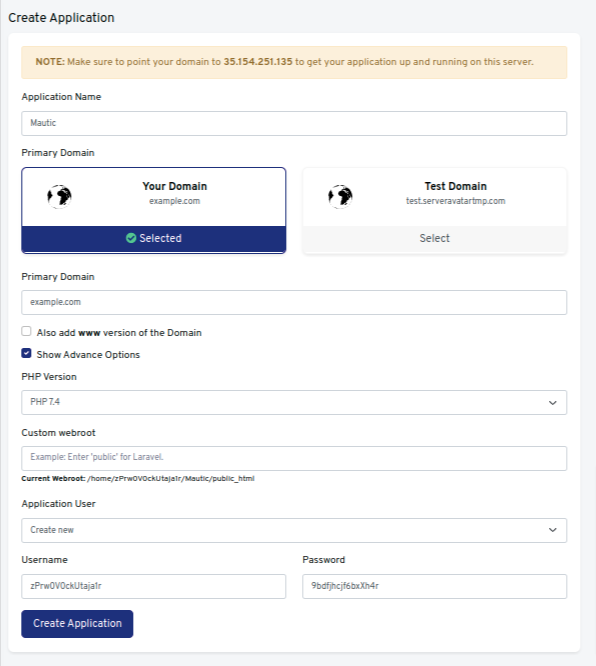 application creation form