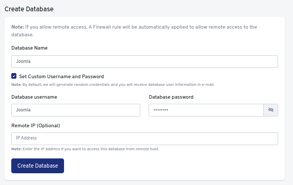 Database creation form