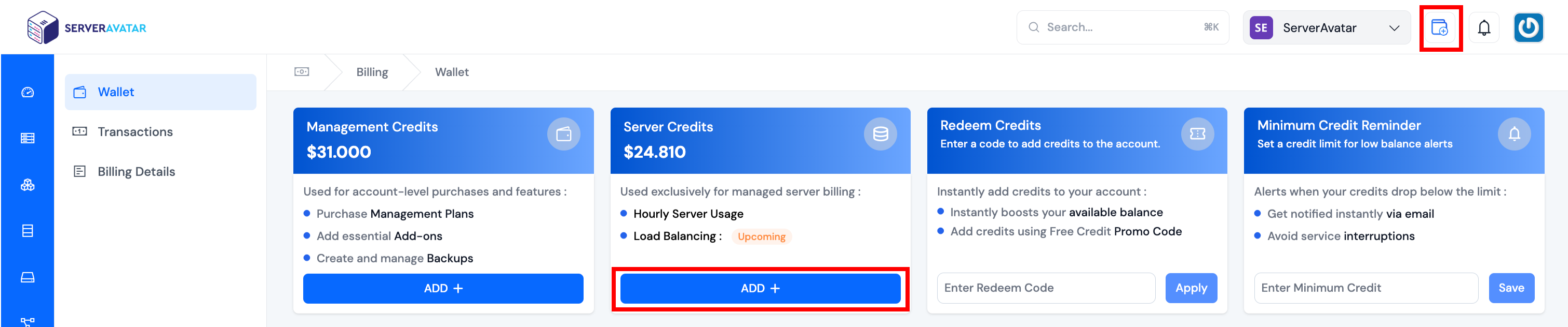 Server Credits Card