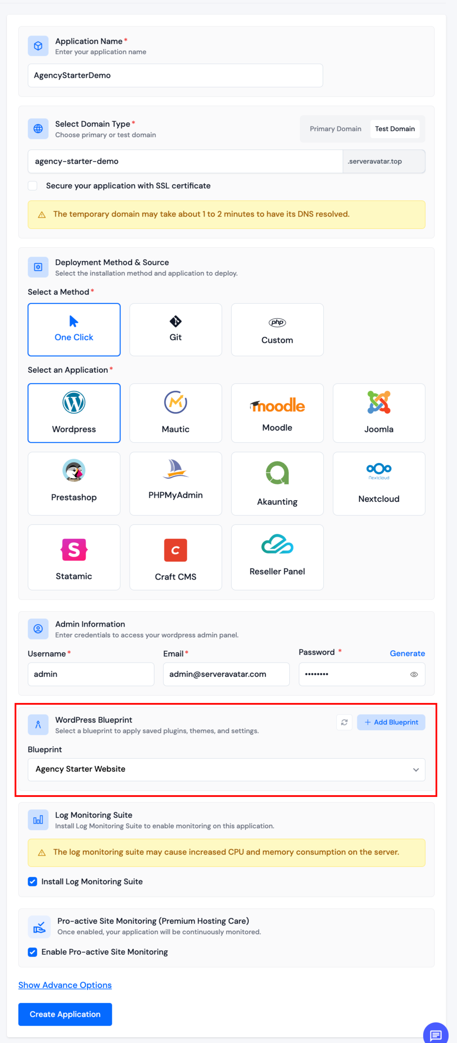 WordPress Blueprint dropdown on create form