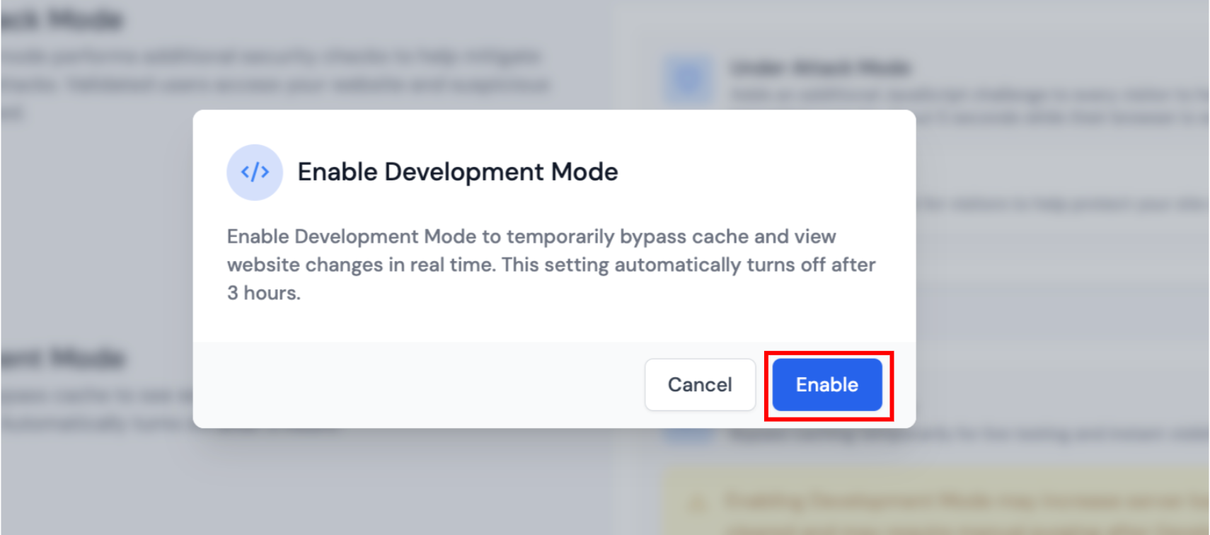 Enable Development Mode confirmation