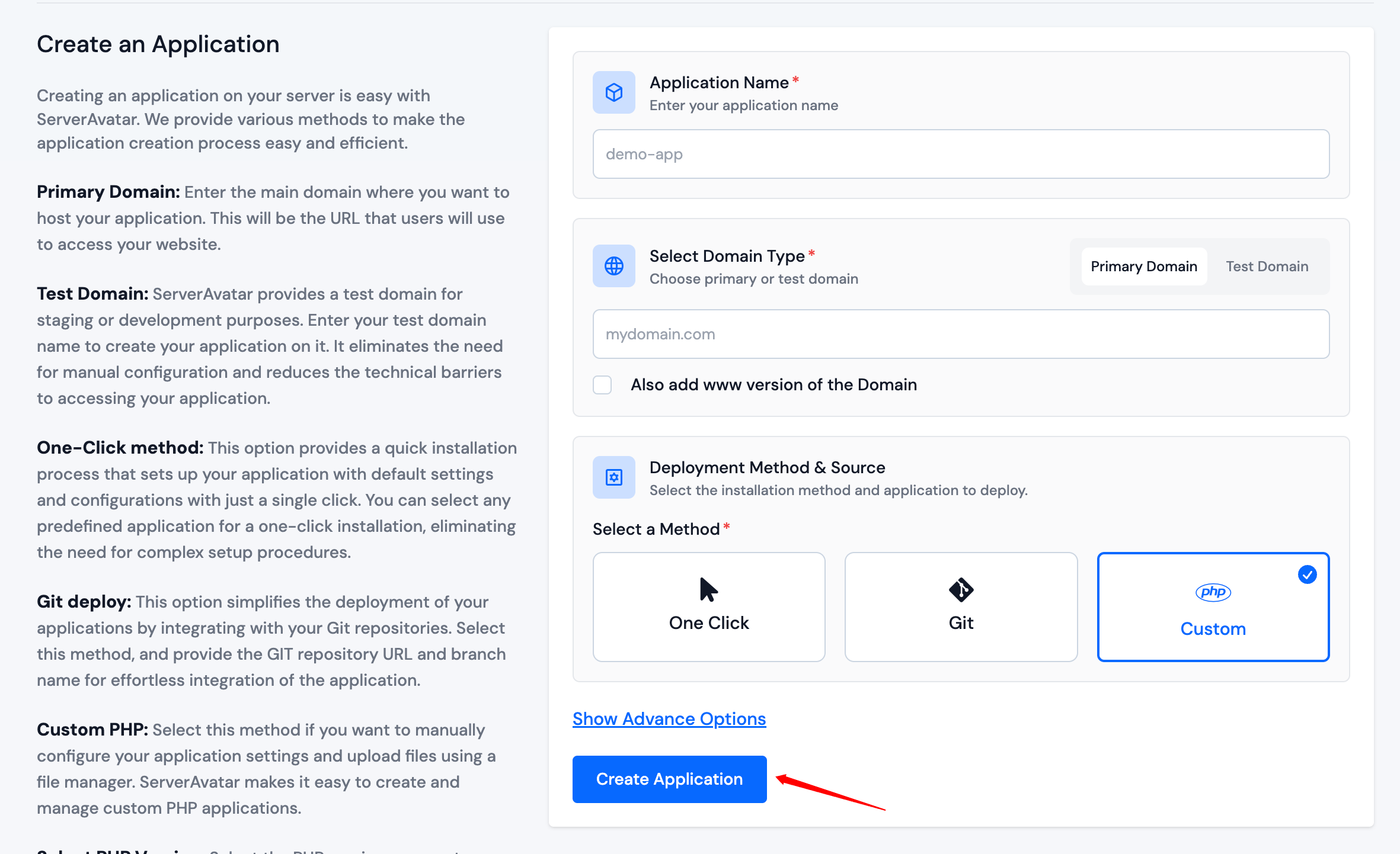 Create an Application/Website - Application - ServerAvatar