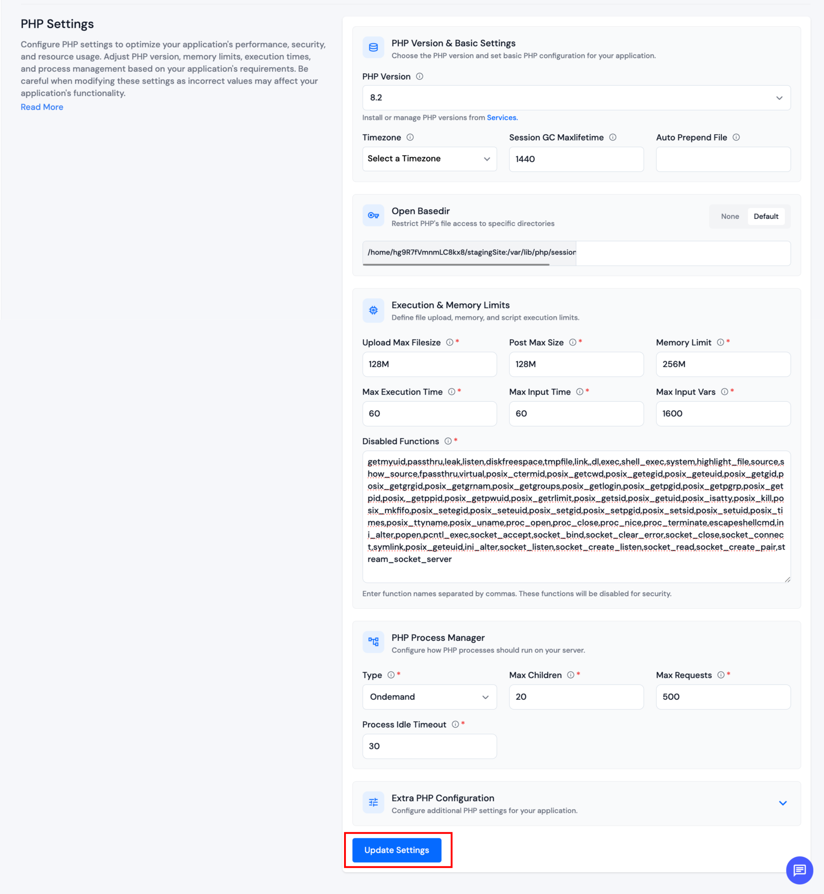 PHP Settings form