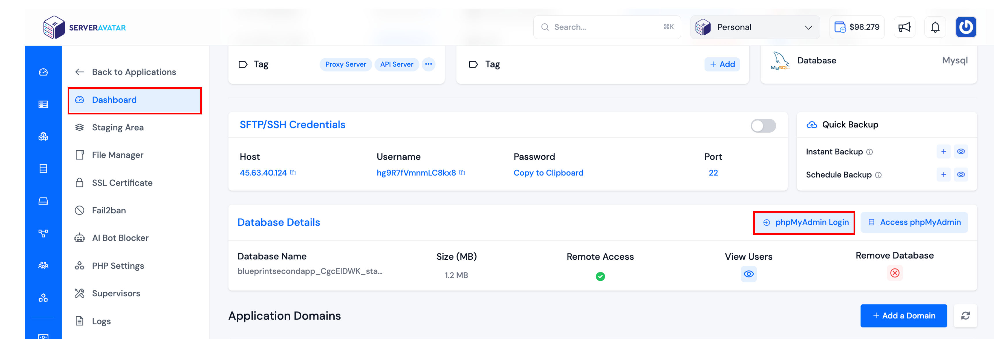 phpMyAdmin Login from application Dashboard
