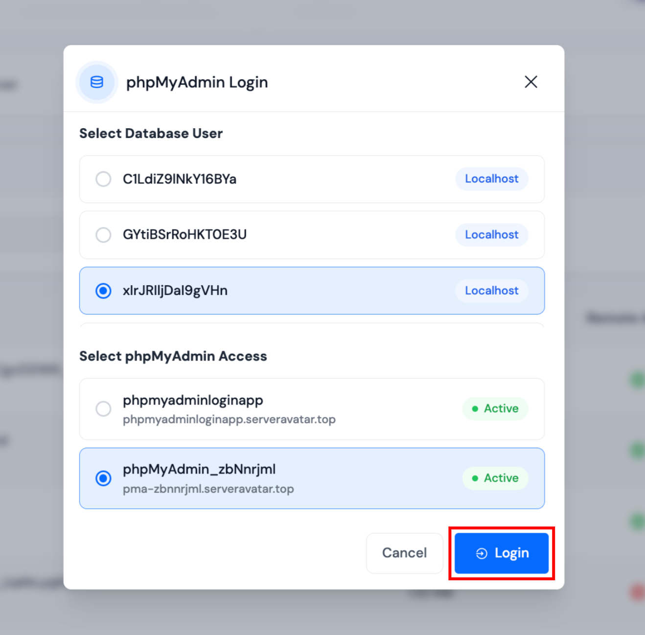 phpMyAdmin Login selection dialog