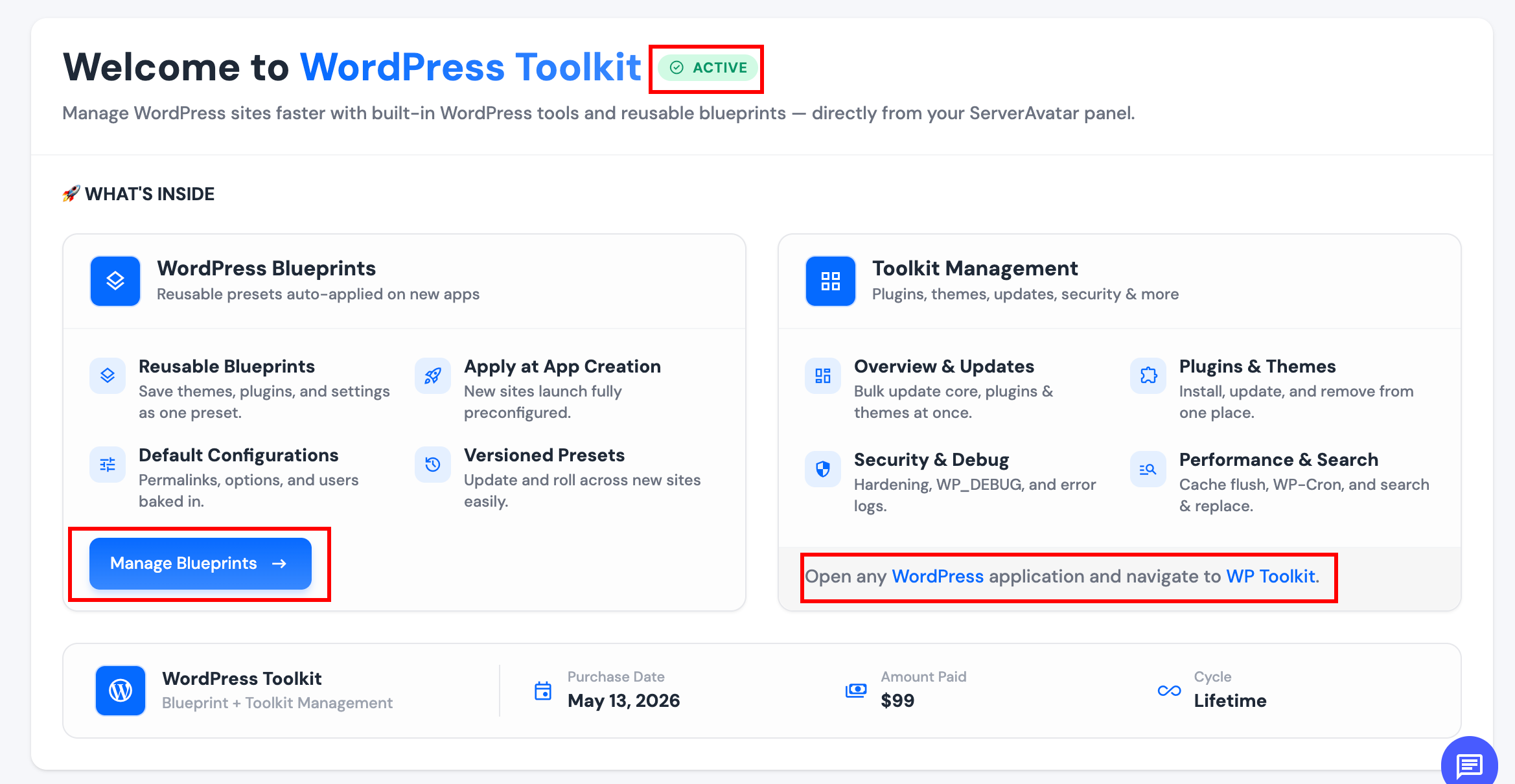 WordPress Toolkit active after purchase
