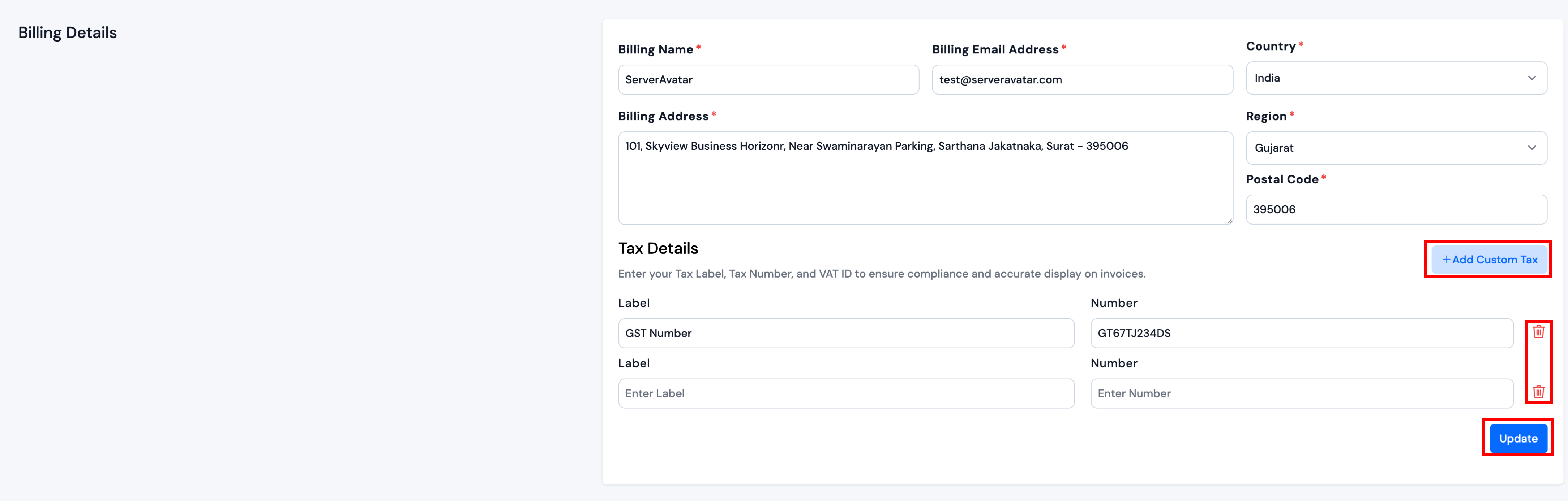 Tax Details Section