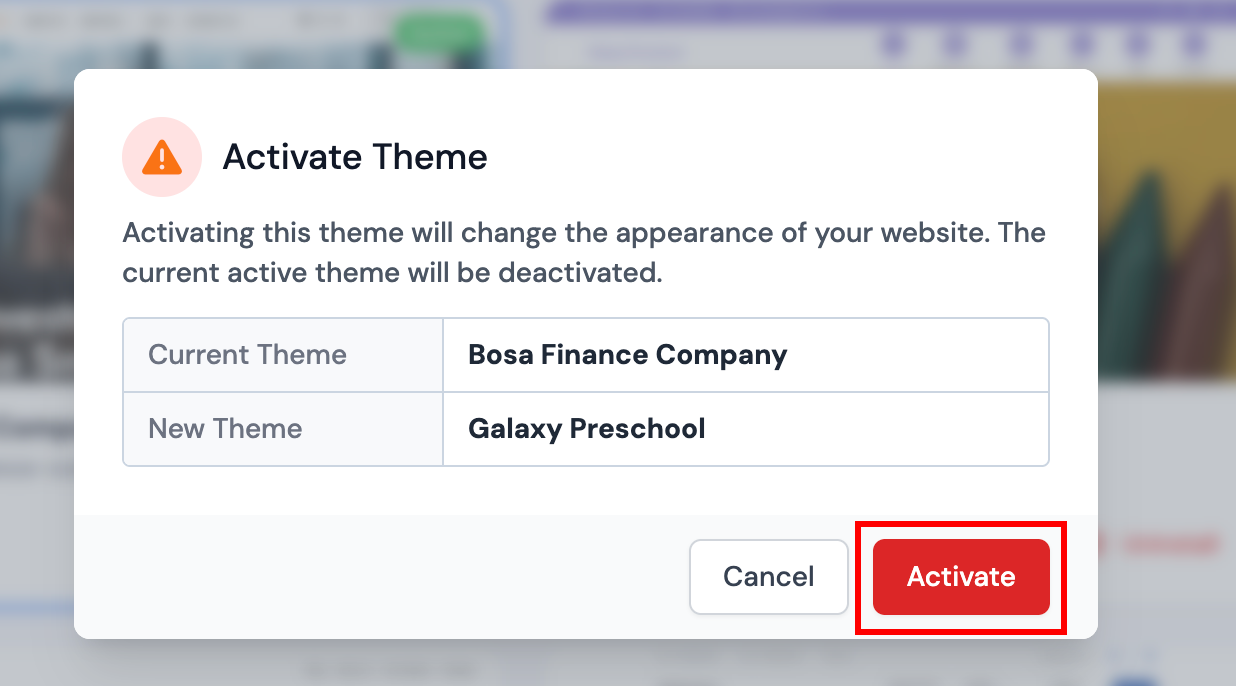 Activate theme confirmation