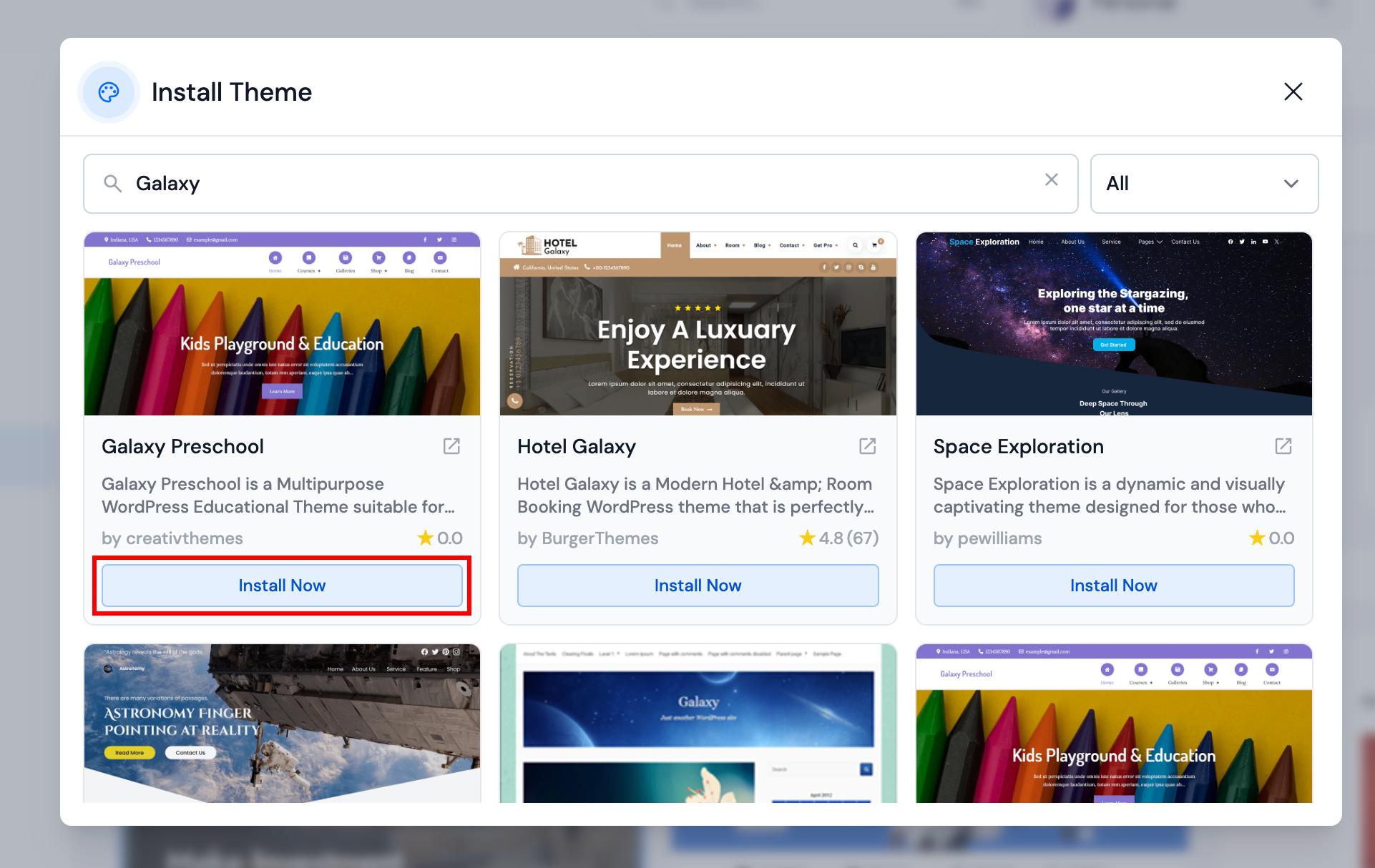 Install Theme modal
