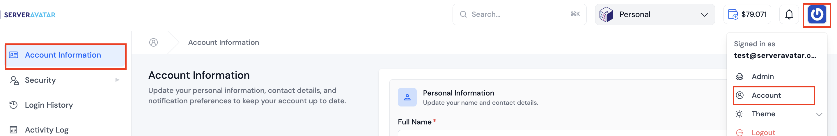 Update Account Information Option