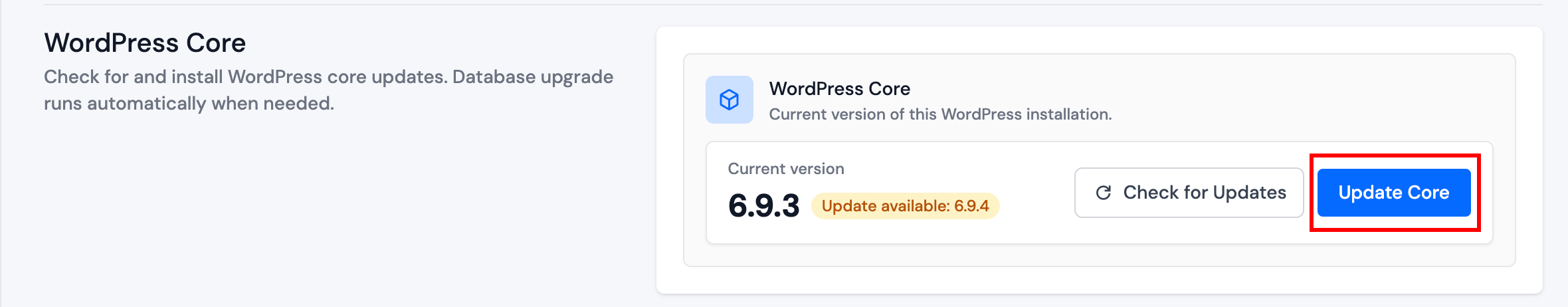 WordPress Core update section