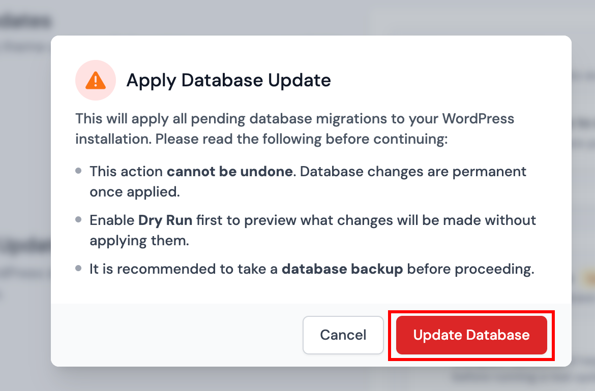 Database Update confirmation dialog