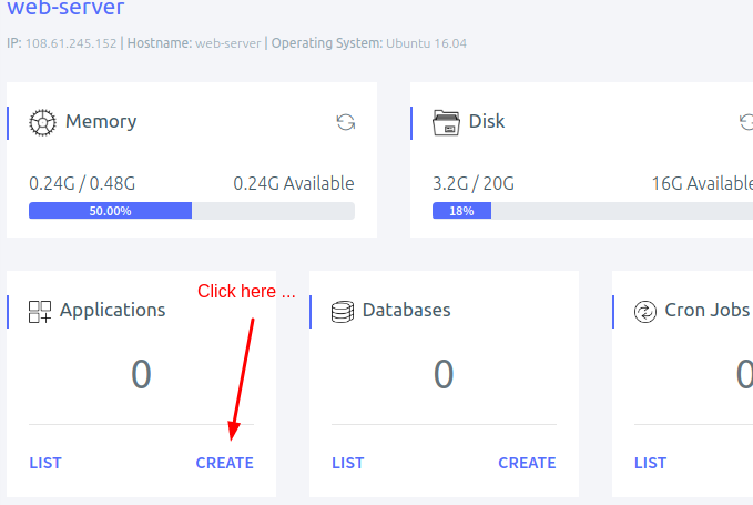 Create application from Server panel