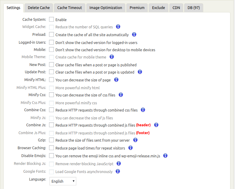 WP Fastest cache settings