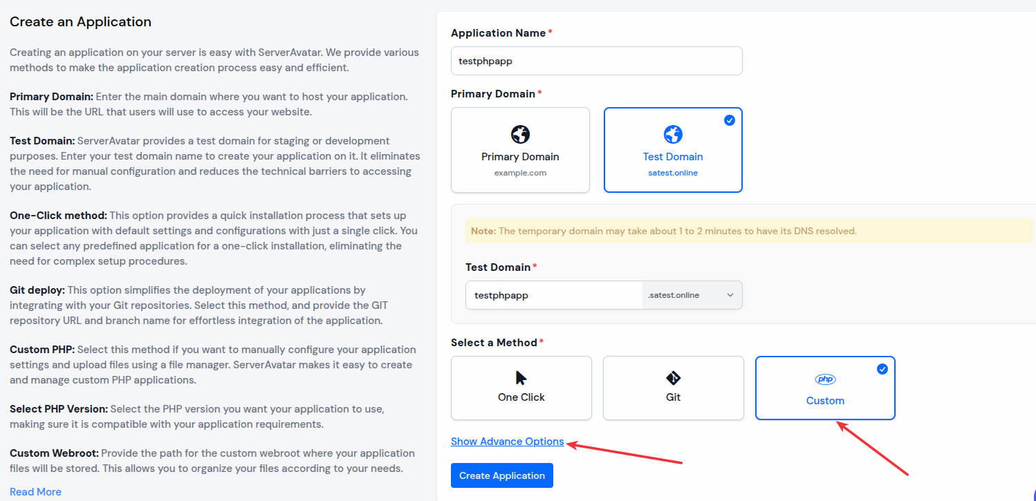 Create Application - ServerAvatar