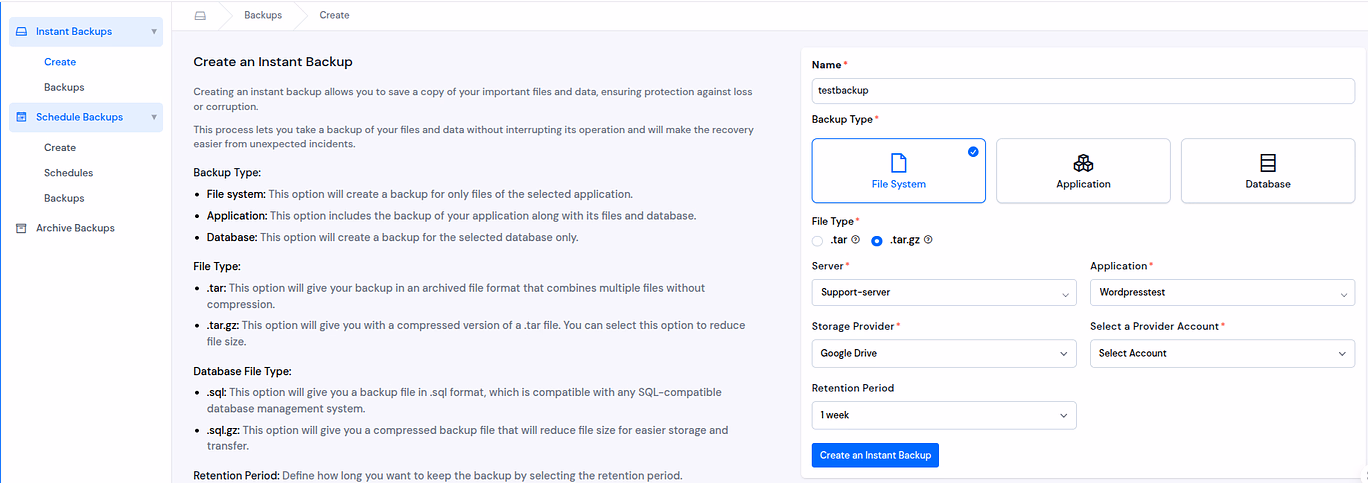 Create instant Backup - ServerAvatar