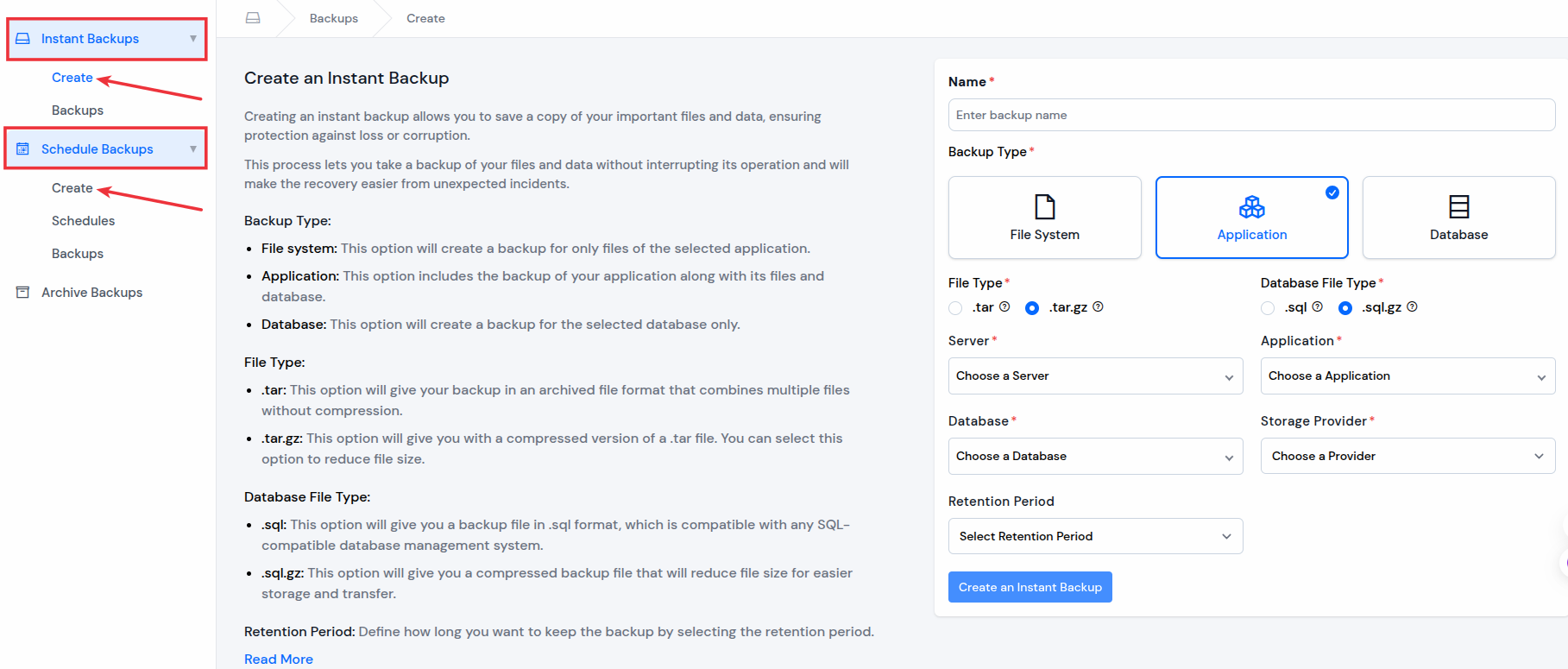 Create Instant backup - ServerAvatar