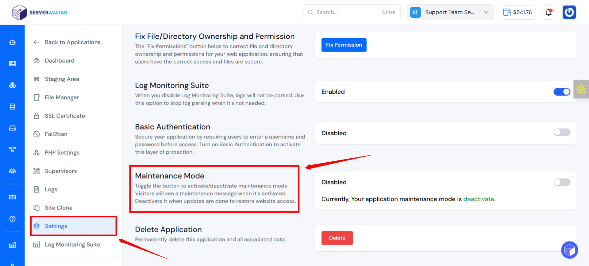 Enable Maintenance Mode-ServerAvatar