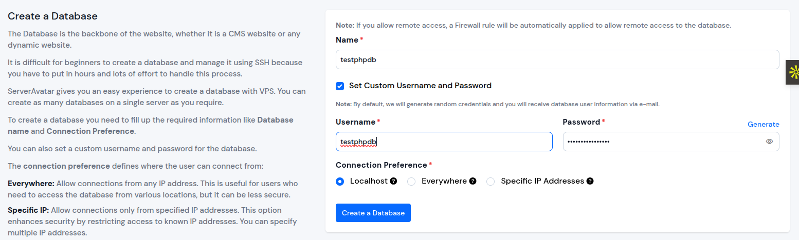 Create Database - ServerAvatar