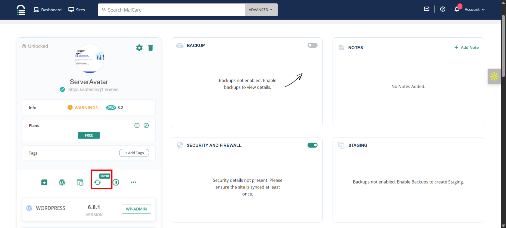 Malcare Dashboard-ServerAvatar
