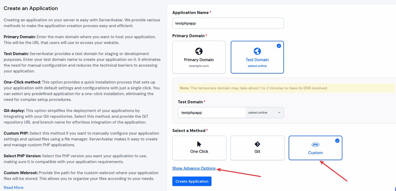 Create Application - ServerAvatar