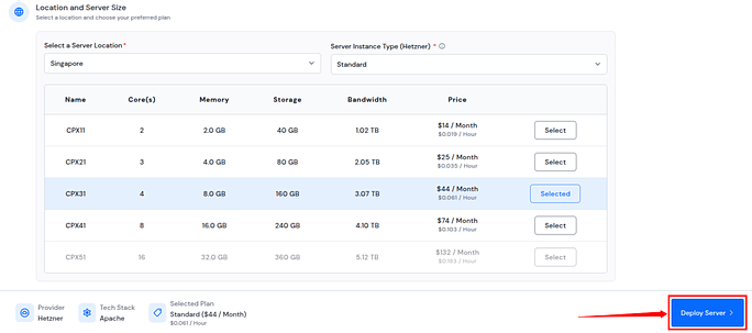 Select Location and Server Size - ServerAvatar