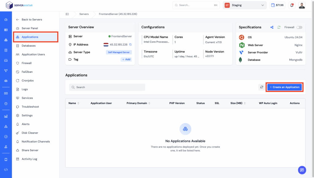 Create Application-ServerAvatar