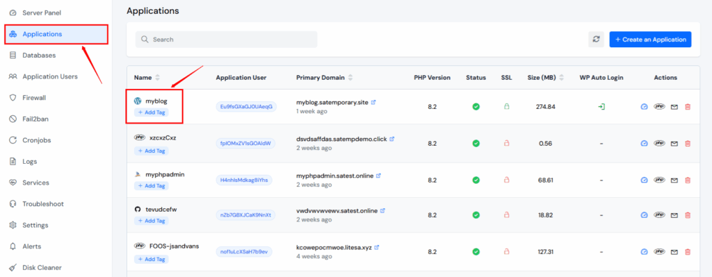 Application Dashboard- ServerAvatar