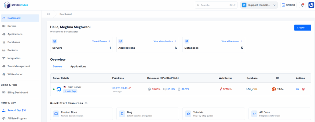 ServerAvatar Dashboard