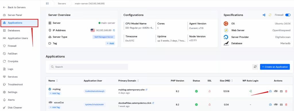 Application Dashboard - ServerAvatar