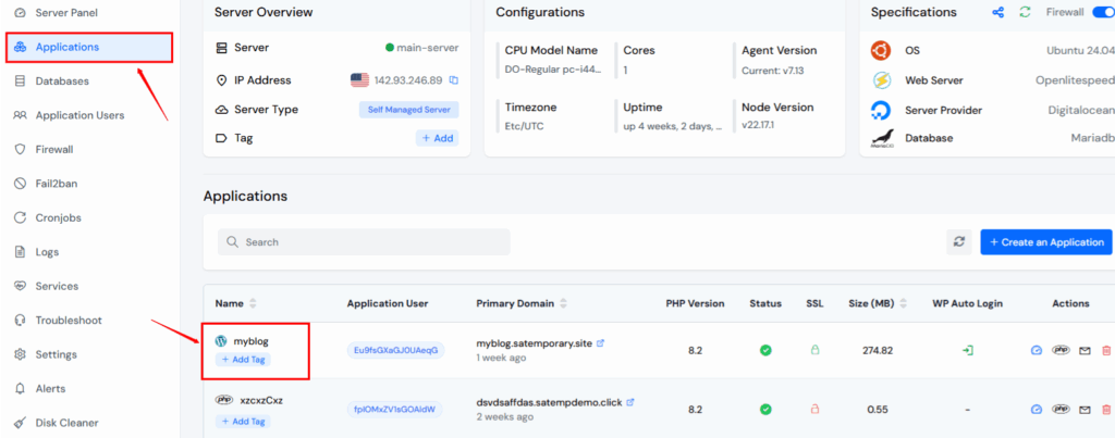 Application Dashboard - ServerAvatar