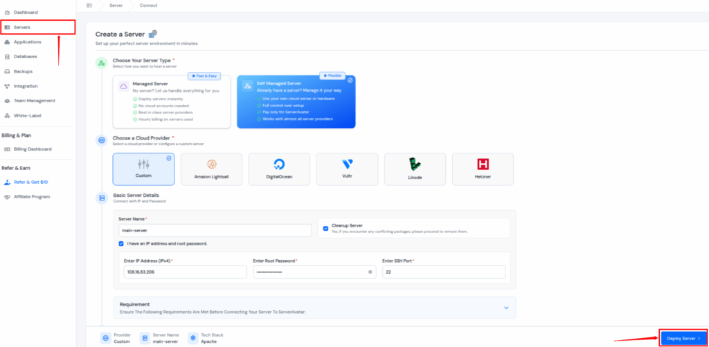 Create Server - ServerAvatar