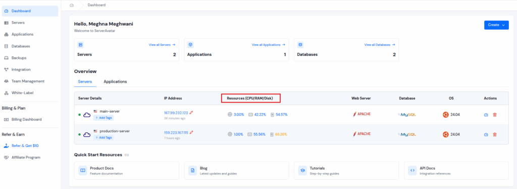 ServerAvatar Dashboard