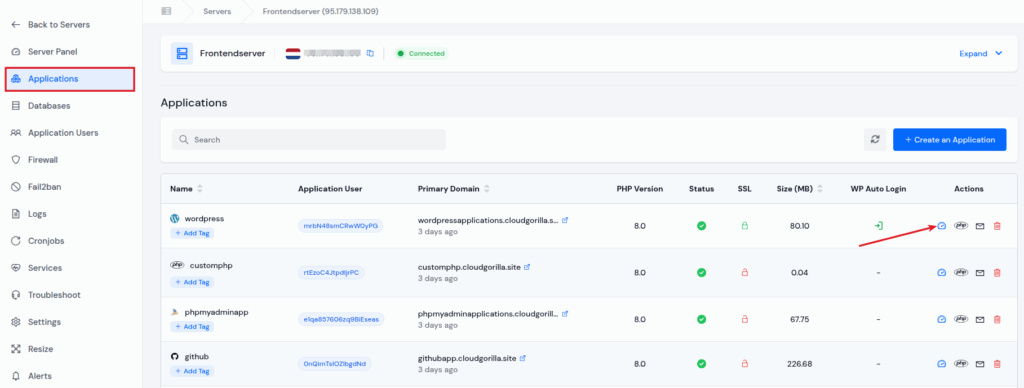 Application Dashboard - ServerAvatar