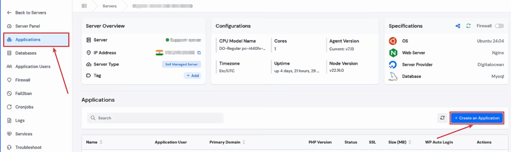 Aplication dashboard - ServerAvatar