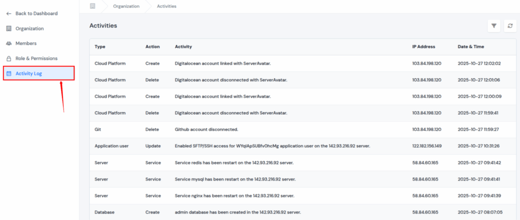Activity Log - ServerAvatar
