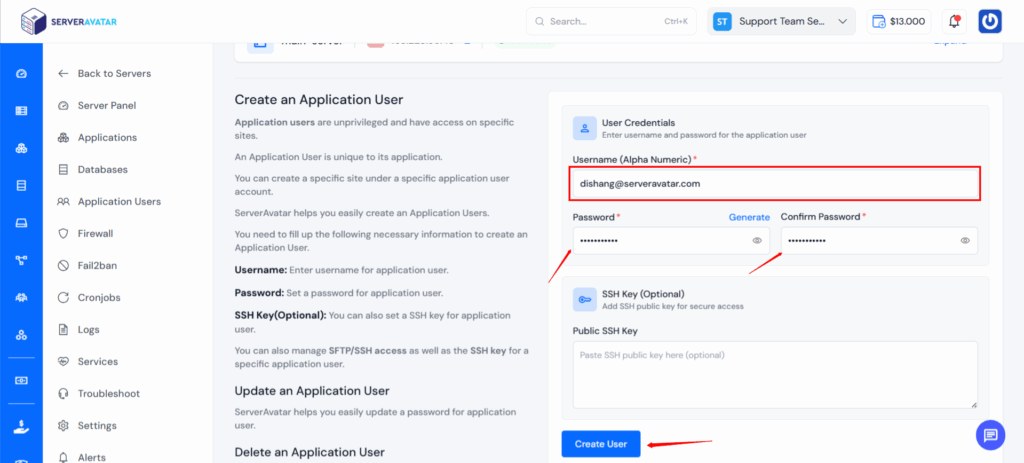 Create Application User - ServerAvatar