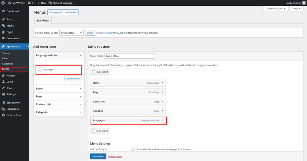 Add Languages Switcher in Menu - ServerAvatar