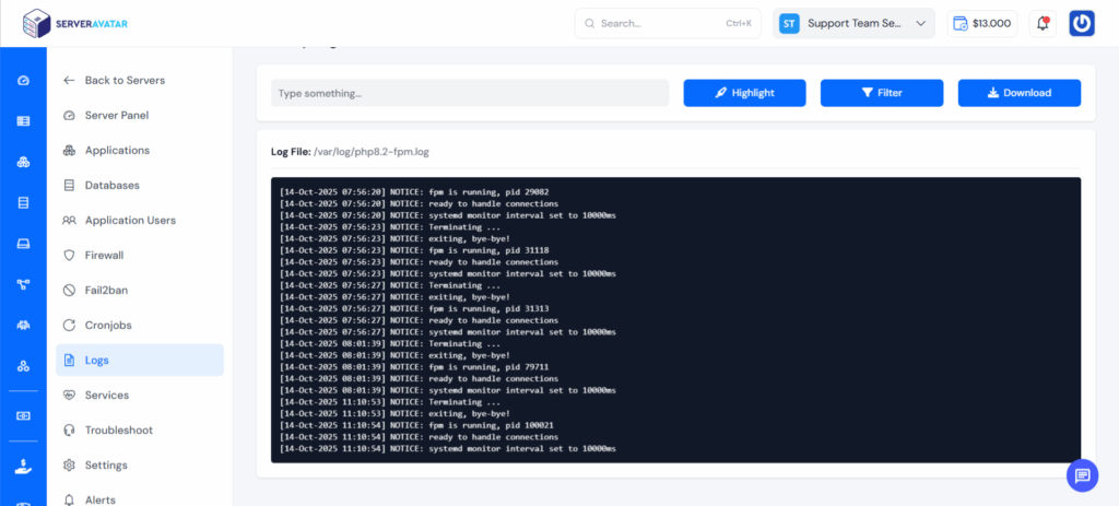 Server Logs - ServerAvatar