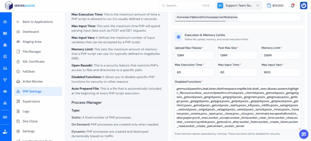 PHP Setting - ServerAvatar