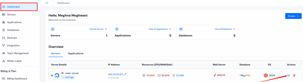 Server Dashboard - ServerAvatar