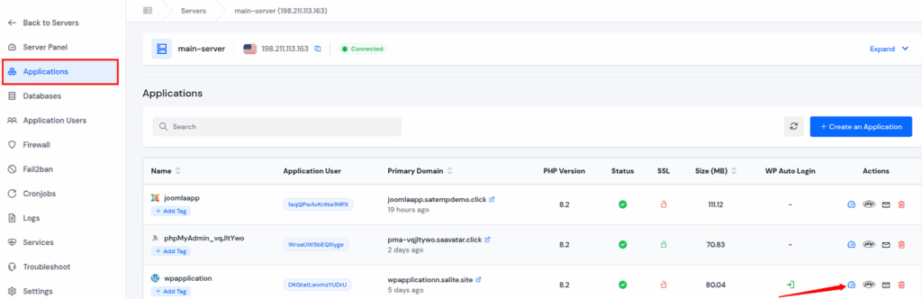 Application Dashboard - ServerAvatar