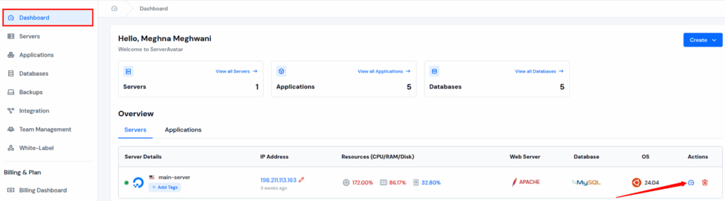 Server Dashboard -ServerAvatar