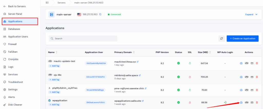 Application Dashboard - ServerAvatar