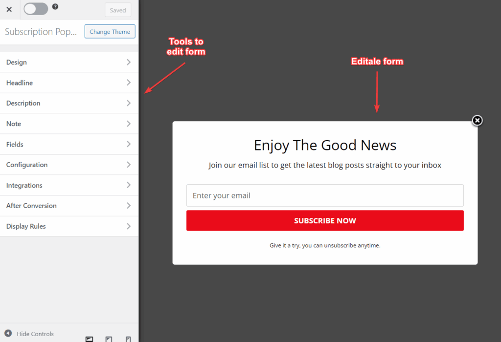 mailoptin popup subscription form editor - ServerAvatar