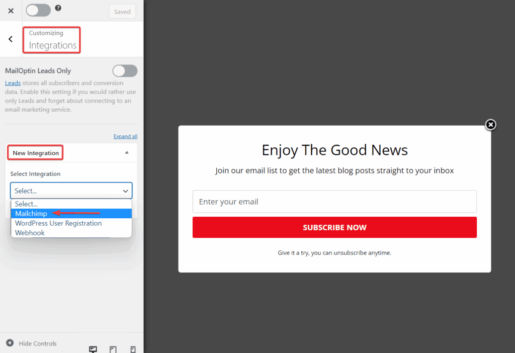 adding mailchimp to mailoptin form - ServerAvatar