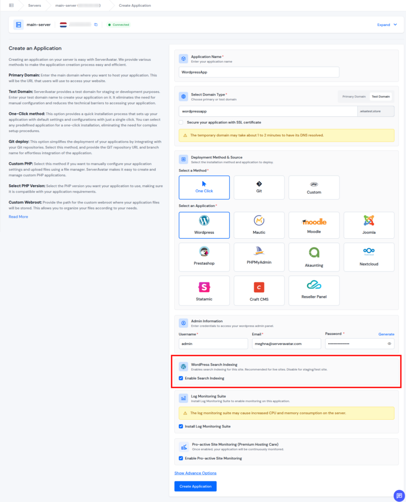 ServerAvatar v7.15.3 - enable wordpress search indexing
