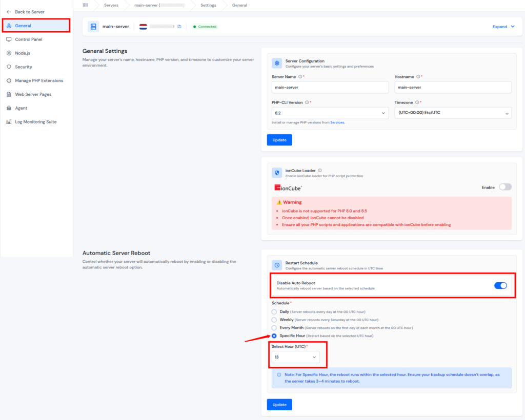 ServerAvatar v7.15.3 - aschedule server reboot