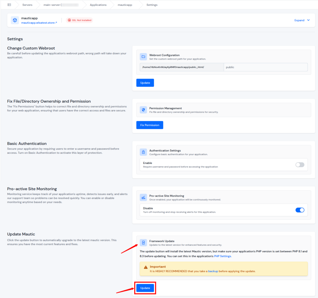 ServerAvatar v7.15.3 - Update Mautic application