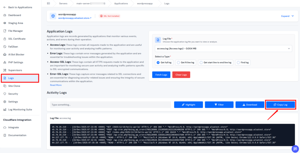 ServerAvatar v7.15.3 - Copy Application Logs